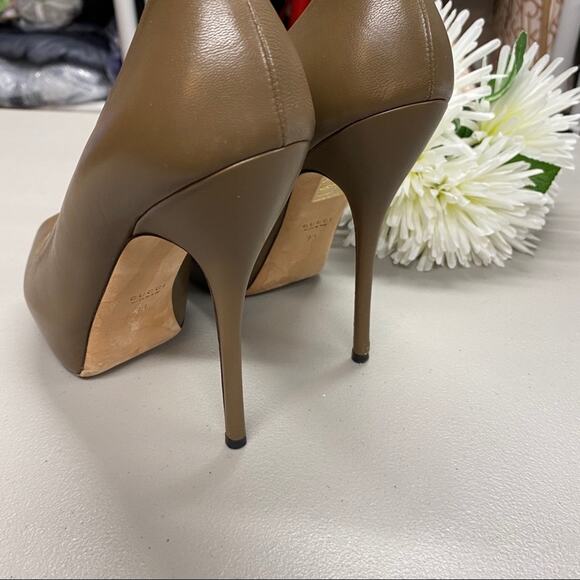 Gucci Designer Shoe High Heels Open Toe Platform Pump Nappa Leather Marron Taupe - Picture 7 of 10